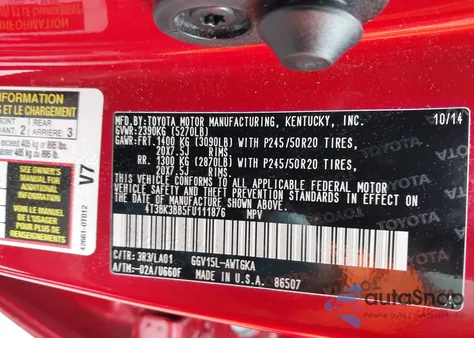 2015 Toyota Venza Limited V6 z USA, uszkodzony, nr VIN 4T3BK3BB5FU111876